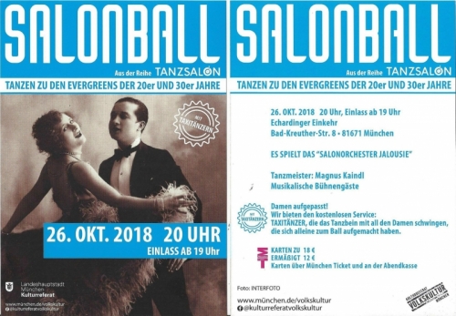 München Salonball 26.10.18. klein mit 3AD mit Livemusik  JALOUSIE sowie Silvesterball 31.12.18  infos +436644512100